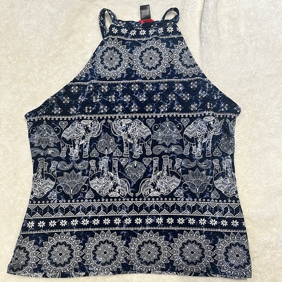 Navy Blue Elephant Print Halter Top - Picture 2 of 3